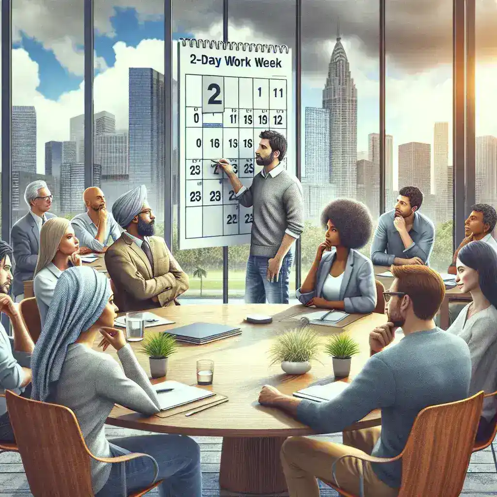 "Bill Gates discussing the future of work with a focus on the feasibility of a two-day workweek, highlighting trends and predictions in workplace reform."