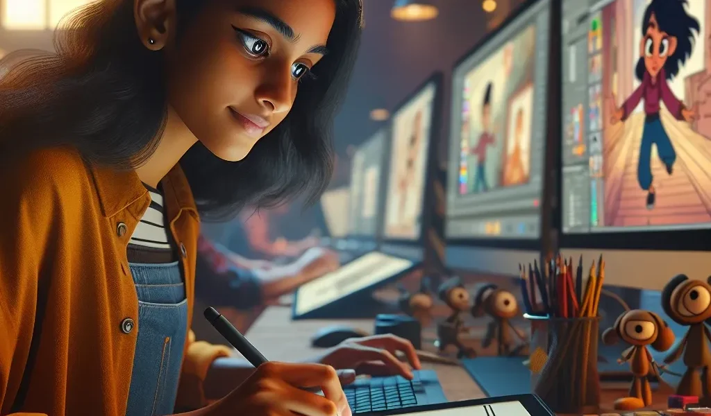 "Ilustrasi animator bekerja di depan komputer, membuktikan bahwa kemampuan menggambar bukanlah syarat utama untuk menjadi animator, sejalan dengan tema artikel 'Jadi Animator Tak Perlu Pintar Menggambar: Mitos atau Fakta?'"