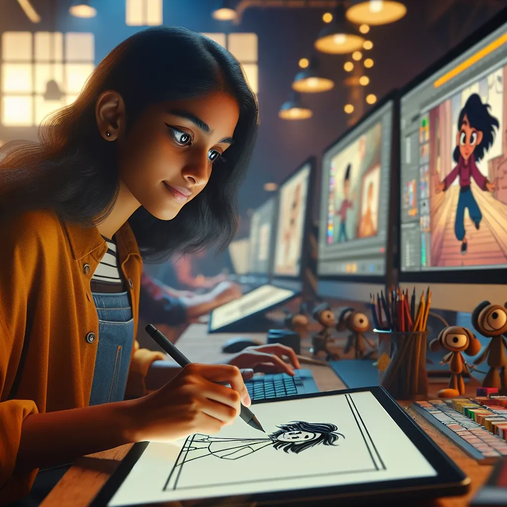 "Ilustrasi animator bekerja di depan komputer, membuktikan bahwa kemampuan menggambar bukanlah syarat utama untuk menjadi animator, sejalan dengan tema artikel 'Jadi Animator Tak Perlu Pintar Menggambar: Mitos atau Fakta?'"