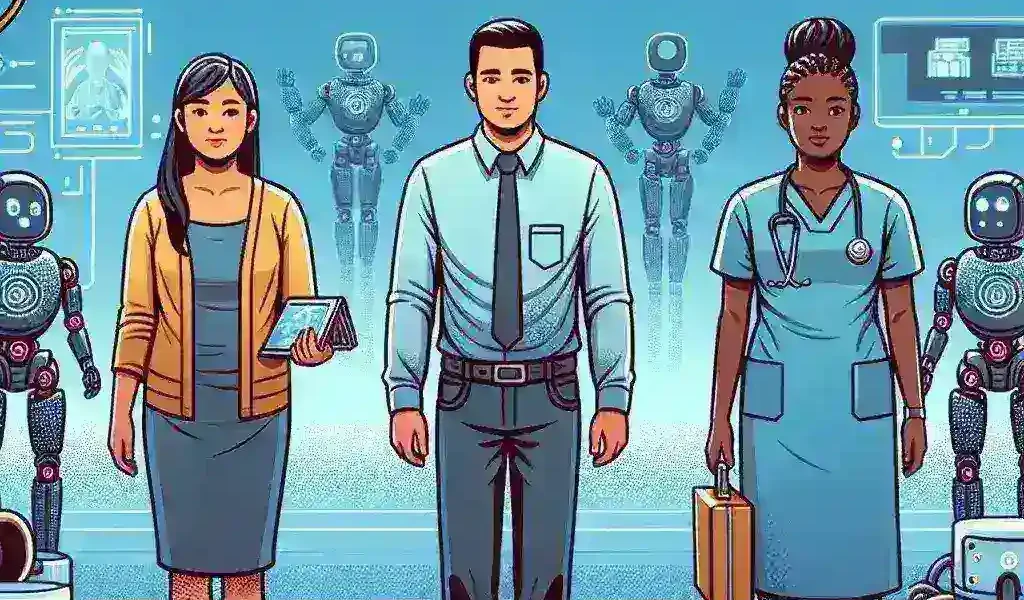 "Ilustrasi pekerjaan manusia di era otomatisasi, menampilkan berbagai profesi yang dianggap kebal terhadap AI menurut Bill Gates dalam artikel '3 Pekerjaan Paling Kebal AI Menurut Bill Gates: Masa Depan Karier di Era Otomatisasi'."